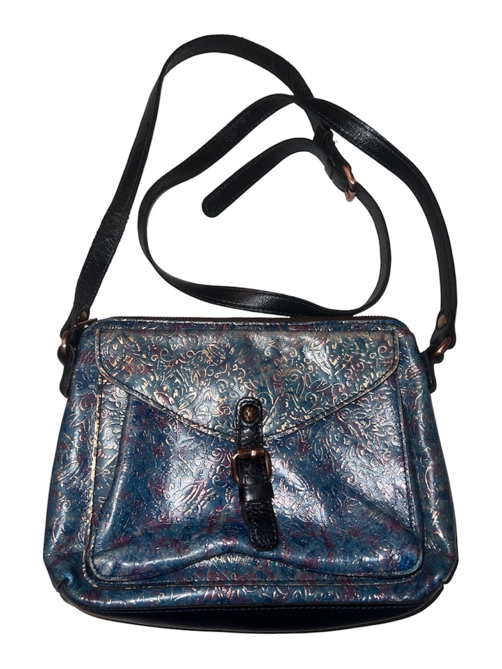 Patricia Nash Blue Metallic Embossed Crossbody Bag with Black Strap